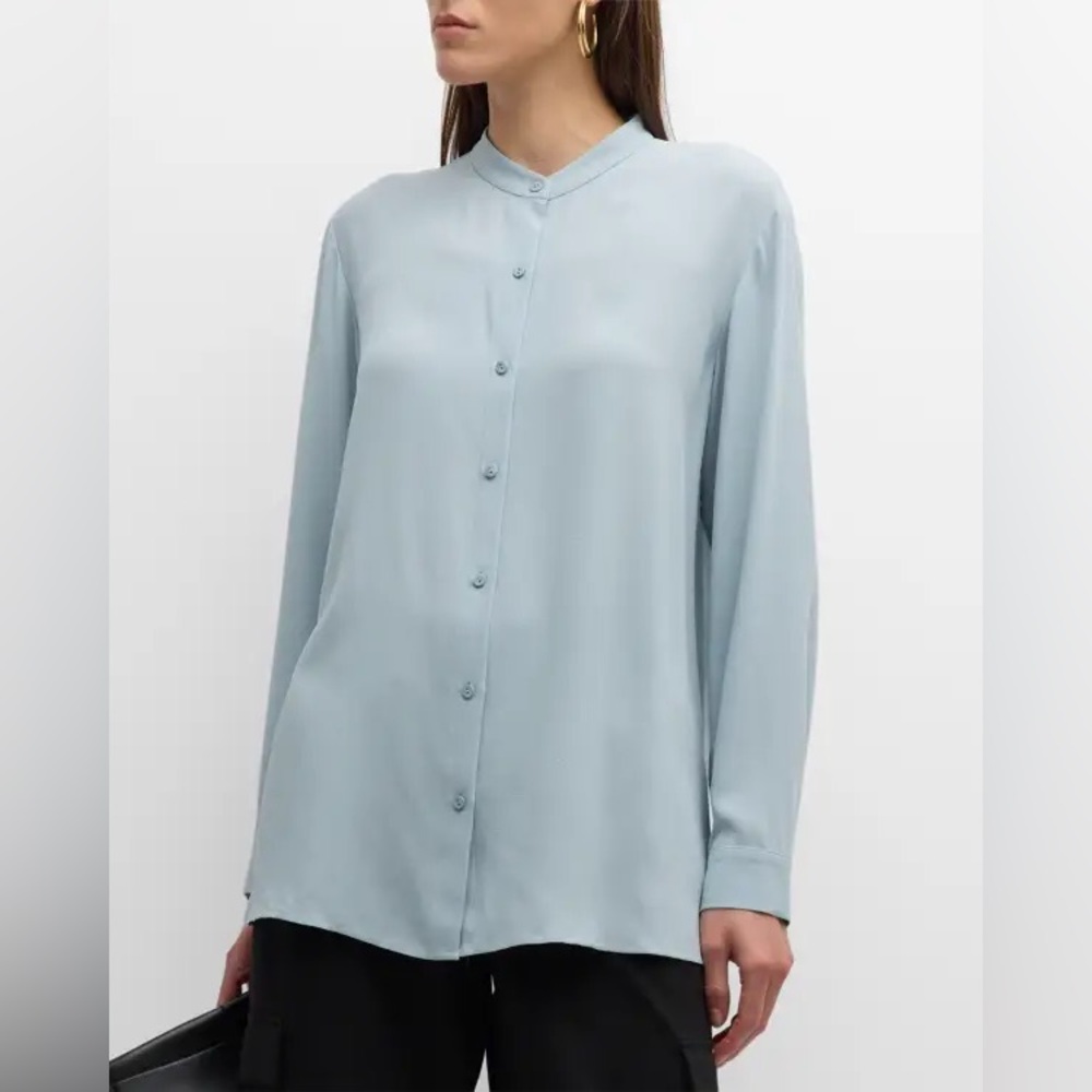 Eileen Fisher Blue 100% Silk Georgette Crepe Mandarin Collar Shirt Size‎ 1X